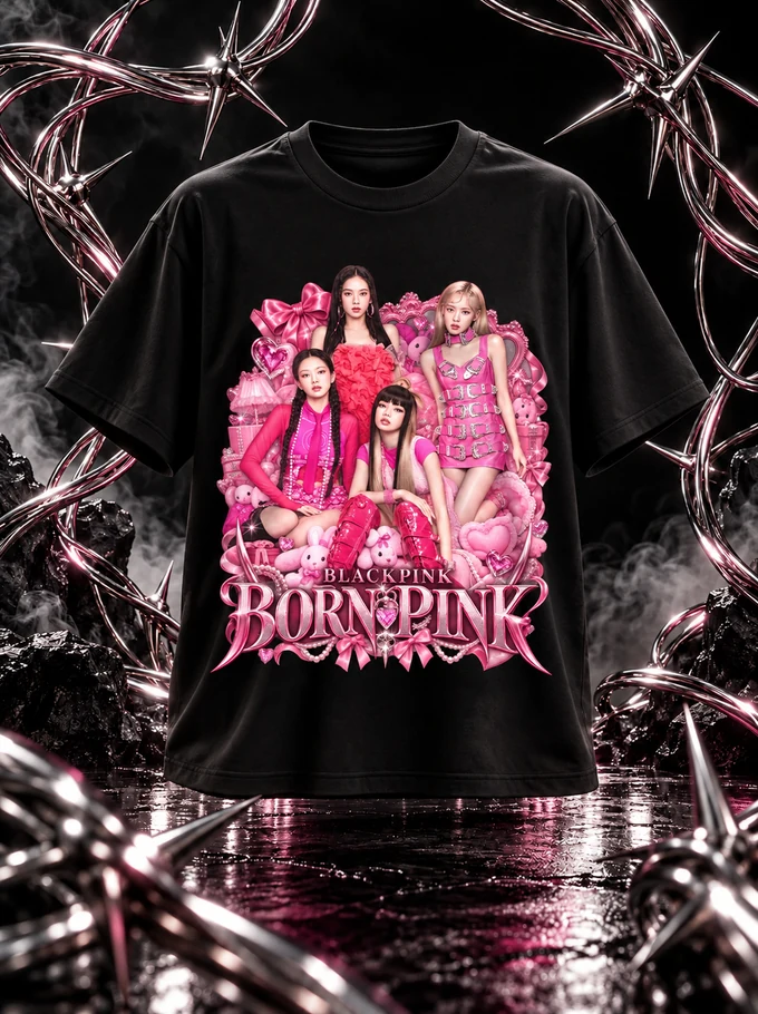 Camiseta preta BLACKPINK sobre palco, estampa exclusiva Smugl