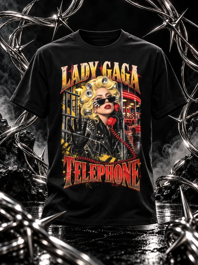 Camiseta preta Lady Gaga sobre palco, estampa exclusiva Smugl
