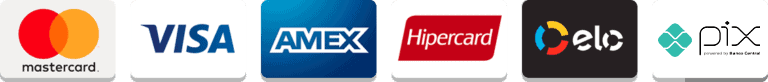 Mastercard, Visa, Amex, Hipercard, Elo e Pix
